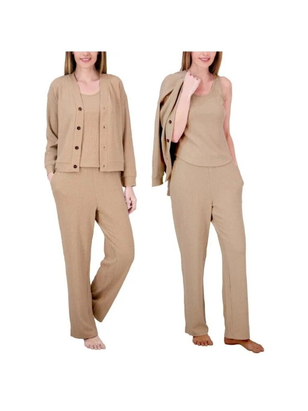 NWT Live 2 Lounge Women's L Beige 3-Piece Textured Lounge Set Tan  B1701
